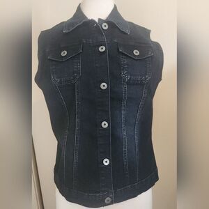 V25 Ethyl Jeans Button Up Sleeveless Vest Denim Dark Blue Wash layer